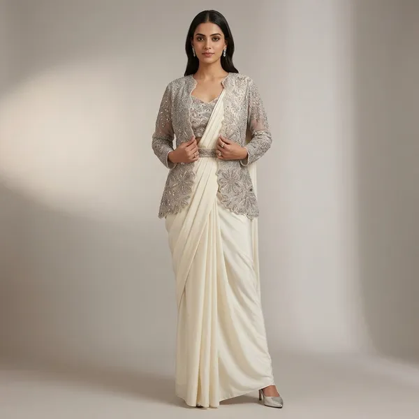 Premium_Designer_Saree_Set_Ready_To_Wear_With_Embroidered_Jacket_Belt_Crepe_Silk_Party_Wear_Silver_Gray