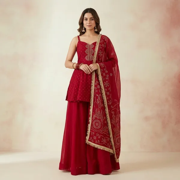 Traditional_Mukaish_Organza_Sharara_Set_Red