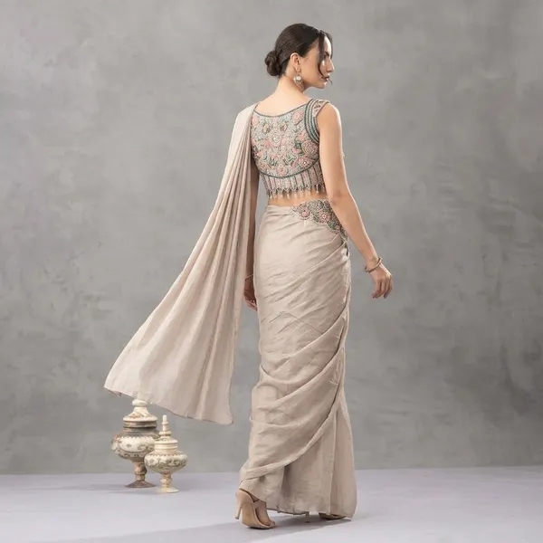 Designer_Chinon_Ready_To_Wear_Drape_Saree_With_Embroidered_Blouse_Beige