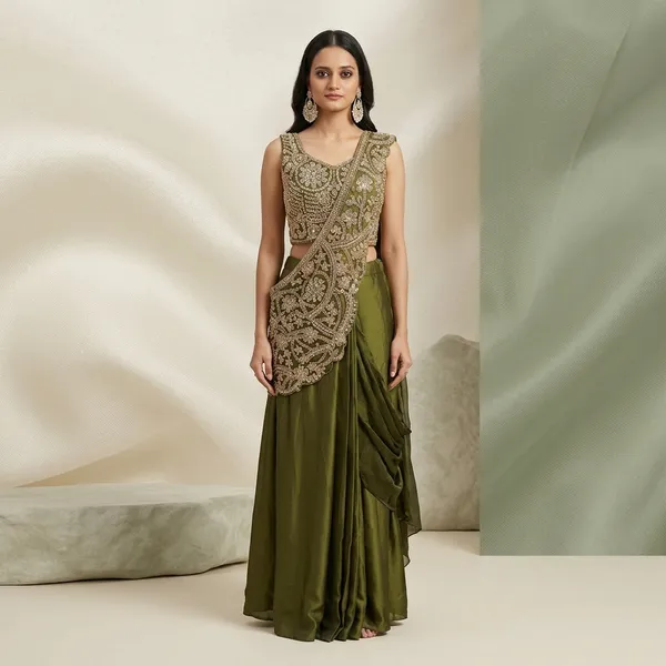 Aurevia_Beadwork_Rangoli_Silk_Lehenga_Saree_Olive