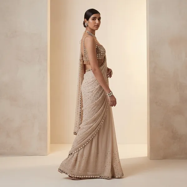 Light_Beige_Georgette_Ready_To_Wear_Saree_With_Mirror_Work_Blouse_For_Weddings_Parties_Unstiched