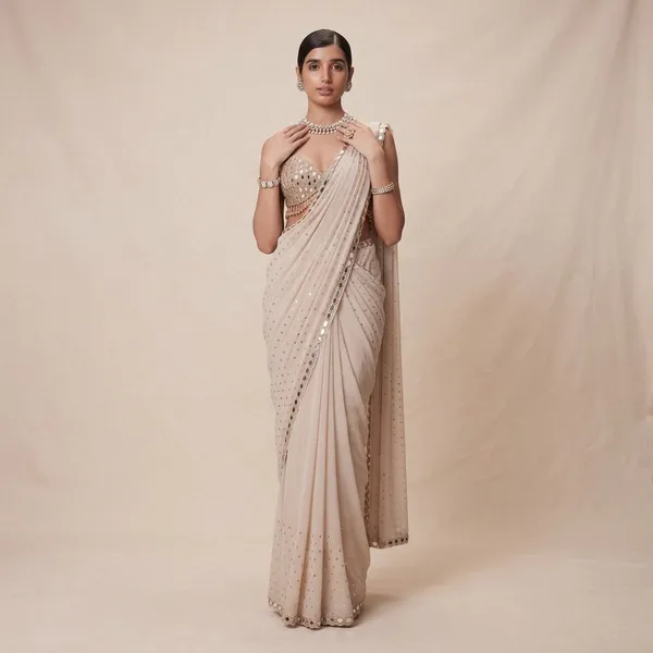 Light_Beige_Georgette_Ready_To_Wear_Saree_With_Mirror_Work_Blouse_For_Weddings_Parties_Unstiched