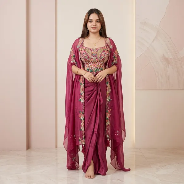 Designer_3_Piece_Indo_Western_Set_Shrug_Dhoti_Blouse_With_Sequence_Embroidery_Tassels_Pink