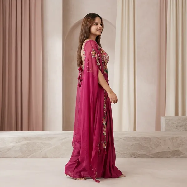 Designer_3_Piece_Indo_Western_Set_Shrug_Dhoti_Blouse_With_Sequence_Embroidery_Tassels_Pink