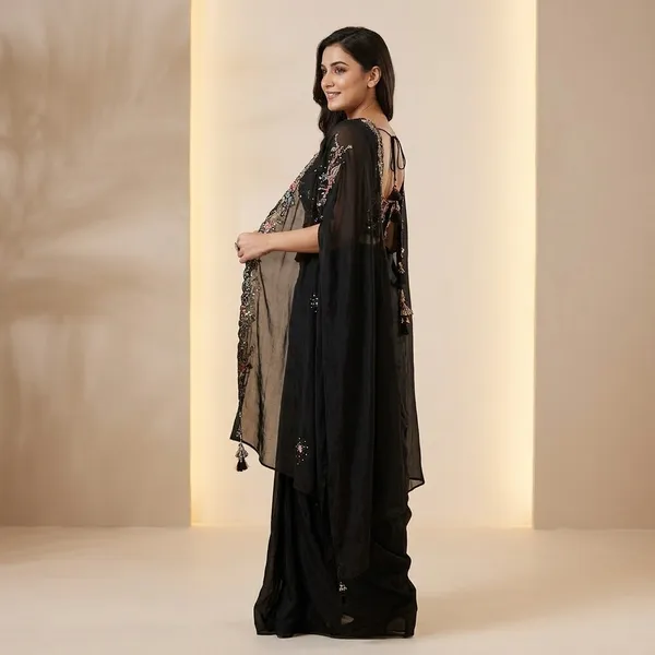 Designer_3_Piece_Indo_Western_Set_Shrug_Dhoti_Blouse_With_Sequence_Embroidery_Tassels_Black