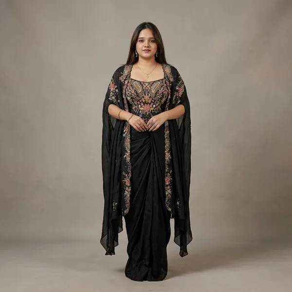 Designer_3_Piece_Indo_Western_Set_Shrug_Dhoti_Blouse_With_Sequence_Embroidery_Tassels_Black