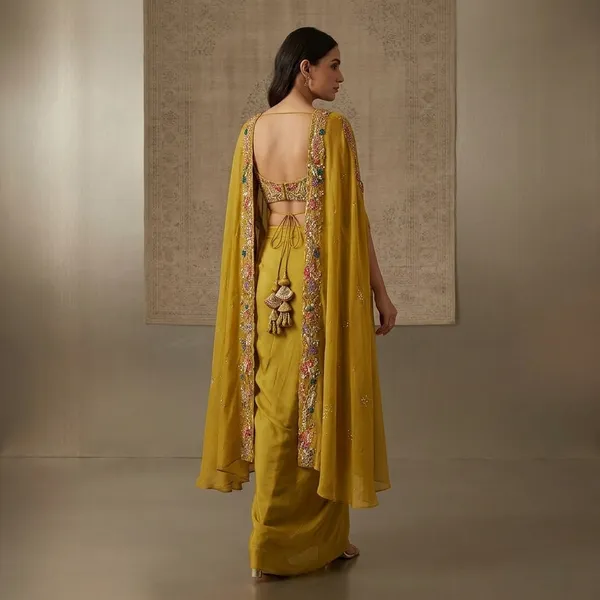 Designer_3_Piece_Indo_Western_Set_Shrug_Dhoti_Blouse_With_Sequence_Embroidery_Tassels_Yellow