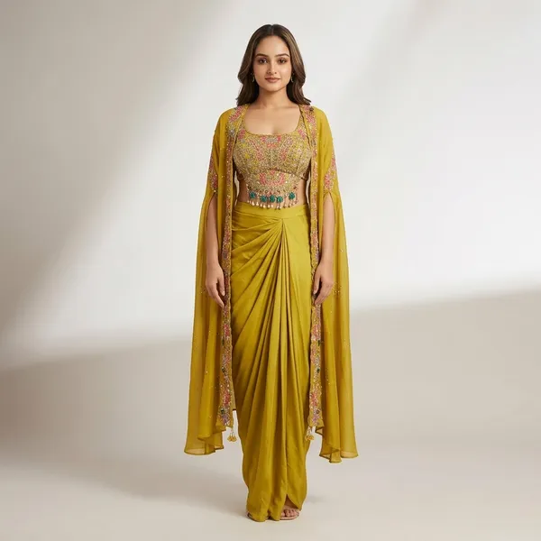 Designer_3_Piece_Indo_Western_Set_Shrug_Dhoti_Blouse_With_Sequence_Embroidery_Tassels_Yellow