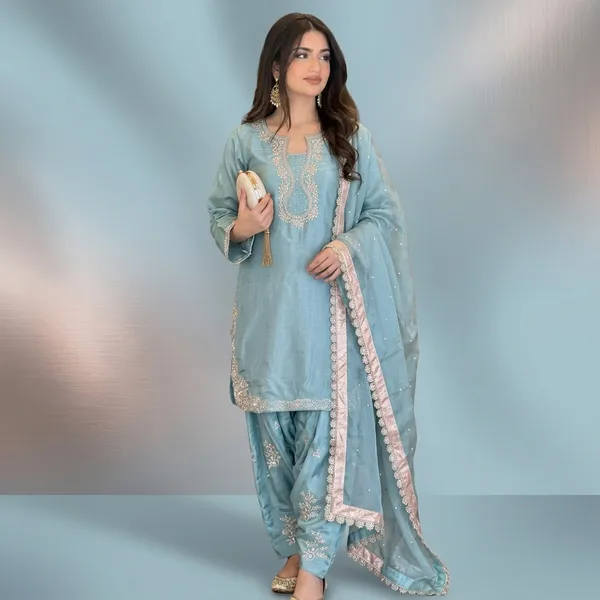 Designer_Pastel_Blue_Kurta_With_Farshi_Palazzo_Heavy_Dupatta_Set_Rose_Gold