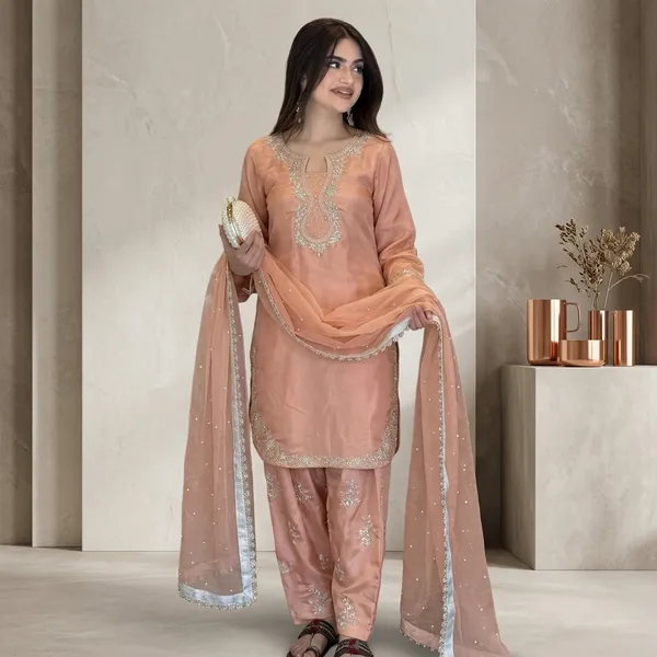 Designer_Pastel_Blue_Kurta_With_Farshi_Palazzo_Heavy_Dupatta_Set_Brown