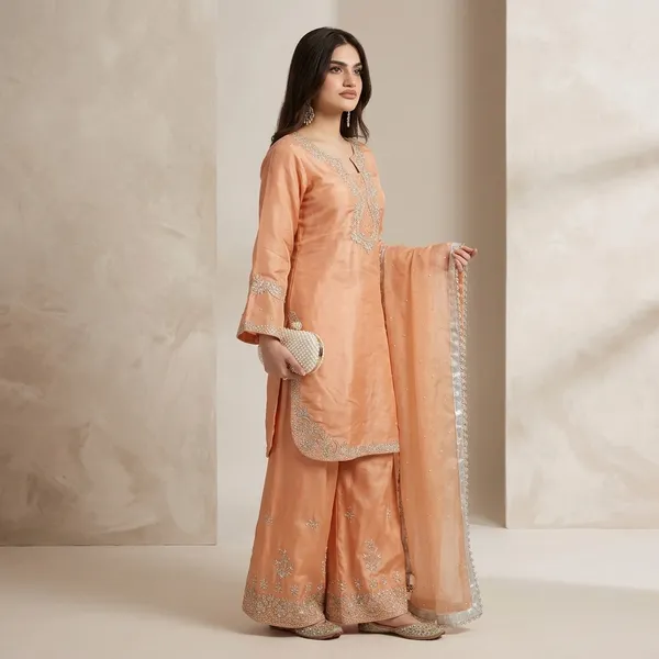Designer_Pastel_Blue_Kurta_With_Farshi_Palazzo_Heavy_Dupatta_Set_Brown