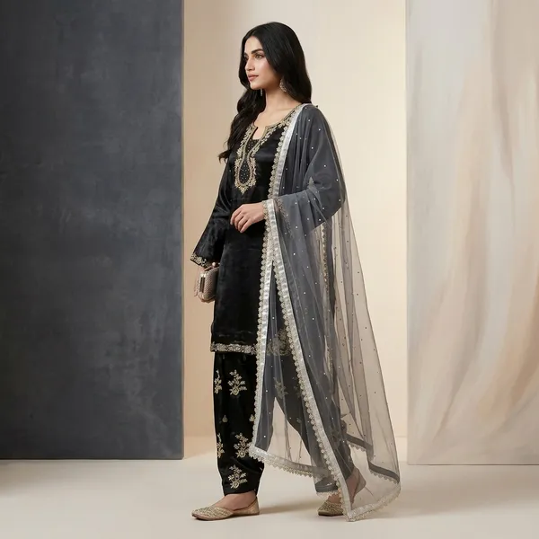 Designer_Pastel_Blue_Kurta_With_Farshi_Palazzo_Heavy_Dupatta_Set_Black