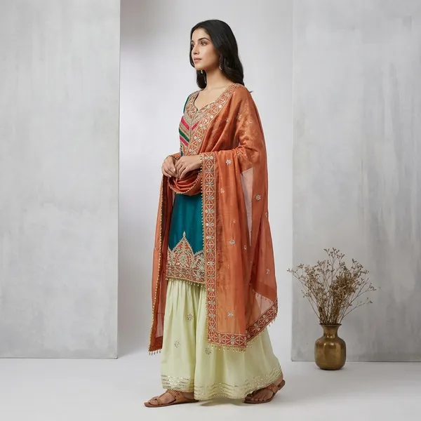 Royal_Teal_Kurti_With_Flowing_Sharara_Designer_Dupatta_Orange