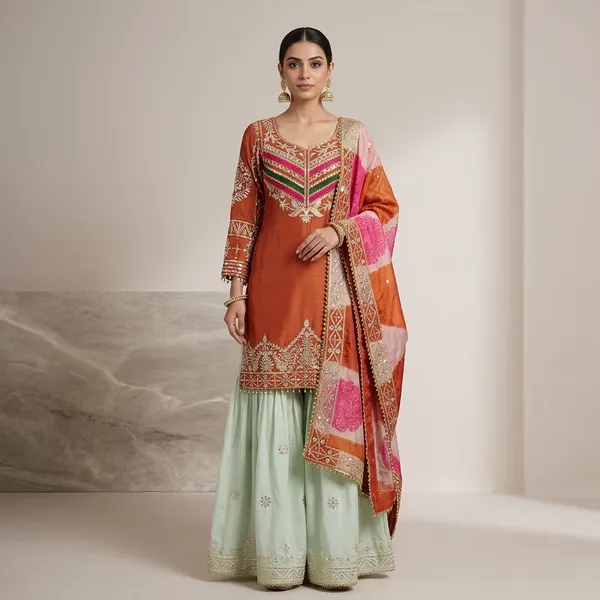 Royal_Teal_Kurti_With_Flowing_Sharara_Designer_Dupatta_Orange
