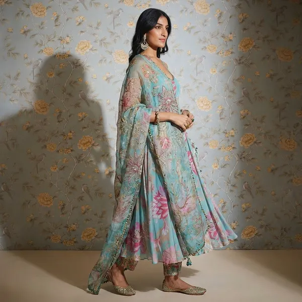 Turquoise_Blue_Taby_Silk_Floral_Suit_Set_With_Work_Dupatta_Party_Collection_Gown