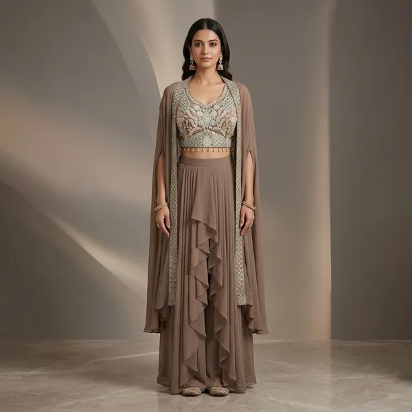 Super_Trending_Party_Wear_Shrug_Sarara_Set_Brown