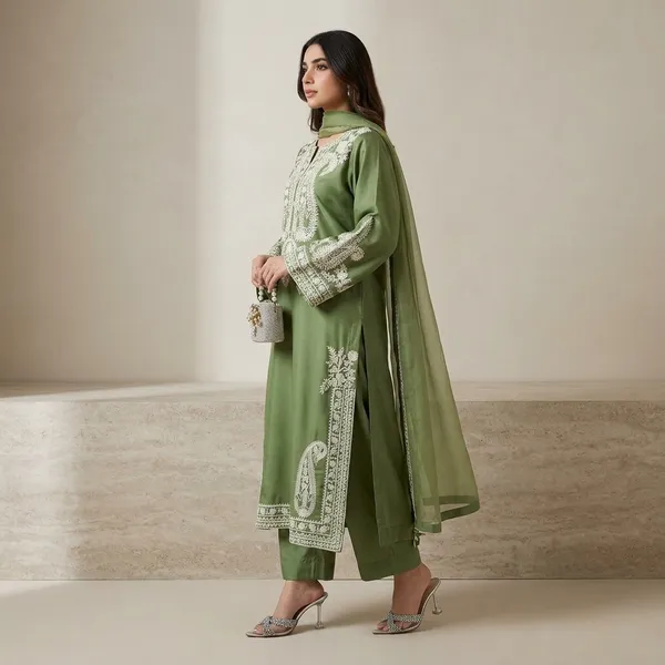 Designer_Soft_Nylon_Organza_Silk_Top_Palazzo_Set_Olive