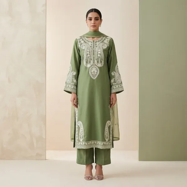 Designer_Soft_Nylon_Organza_Silk_Top_Palazzo_Set_Olive