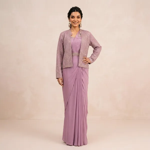 Effortless_Luxury_Ready_To_Wear_Crepe_Silk_Saree_Jacket_Set_Purple