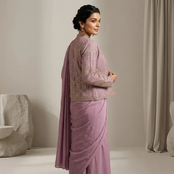 Effortless_Luxury_Ready_To_Wear_Crepe_Silk_Saree_Jacket_Set_Purple