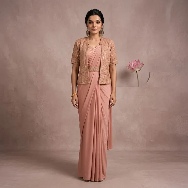 Effortless_Luxury_Ready_To_Wear_Crepe_Silk_Saree_Jacket_Set_Pink