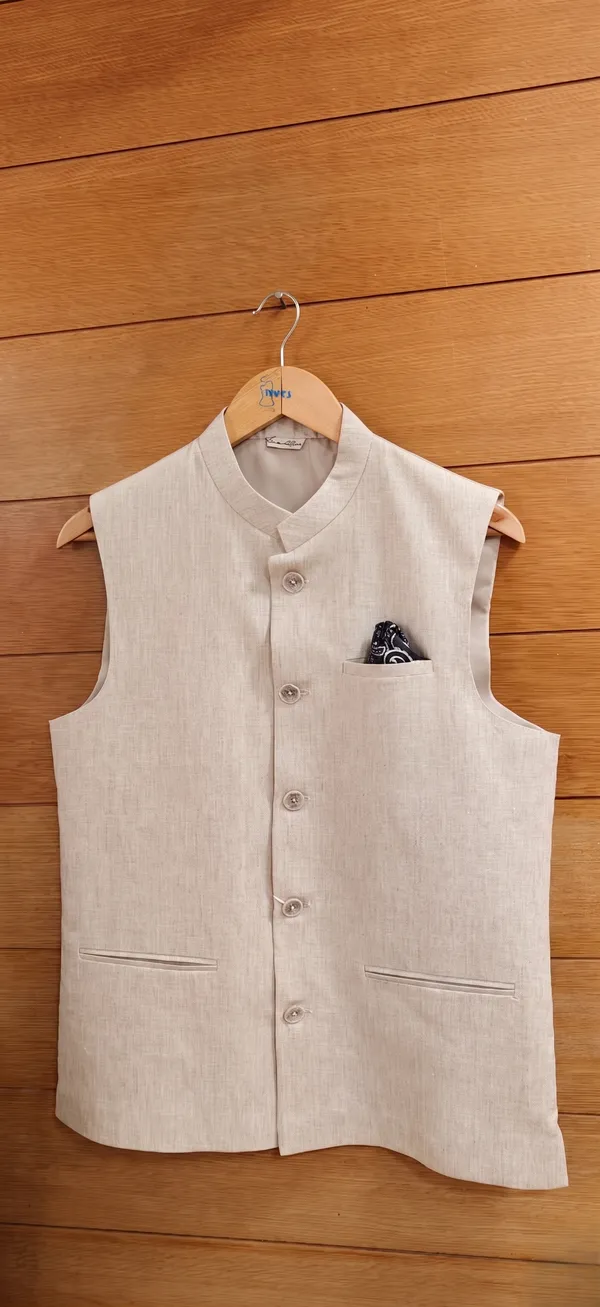 Beige_Linen_Sleeveless_Mandarin_Collar_Nehru_Jacket_For_Men