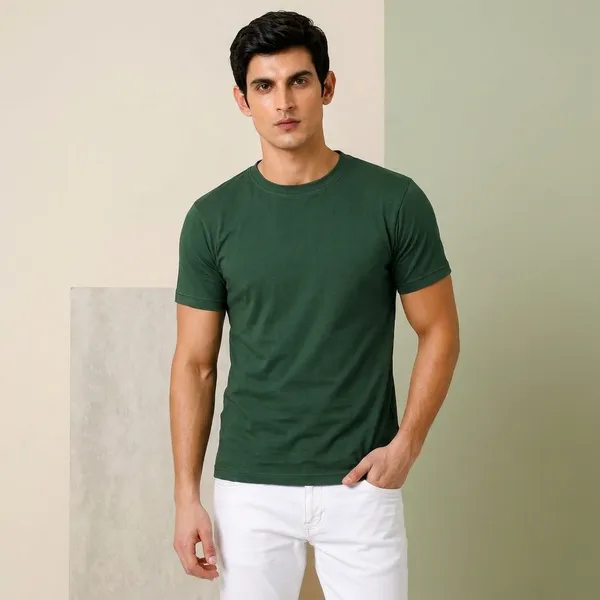 Bottle_Green_Cotton_Regular_Fit_Round_Neck_T_Shirt_For_Men