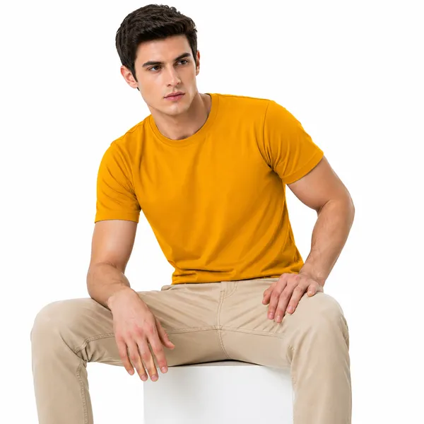 Yellow_Cotton_Regular_Fit_Round_Neck_T_Shirt_For_Men