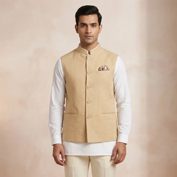Beige_Linen_Sleeveless_Nehru_Jacket_For_Men