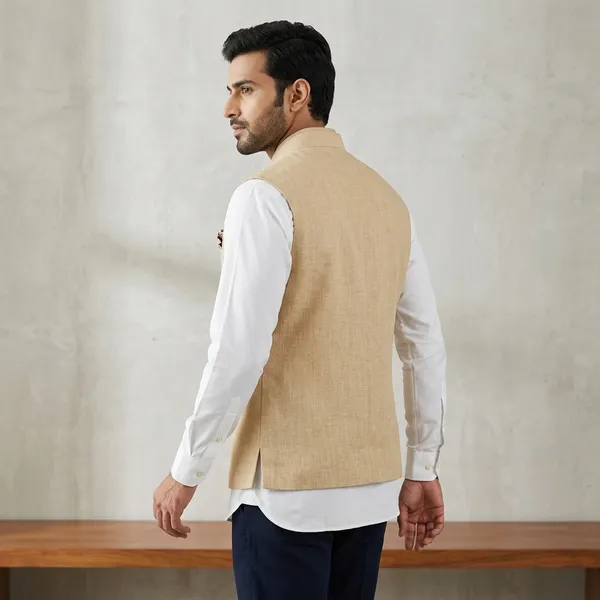 Beige_Linen_Sleeveless_Nehru_Jacket_For_Men