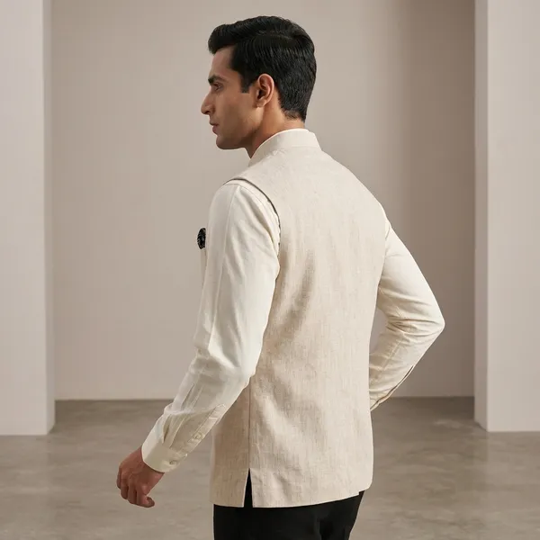 Beige_Linen_Sleeveless_Mandarin_Collar_Nehru_Jacket_For_Men
