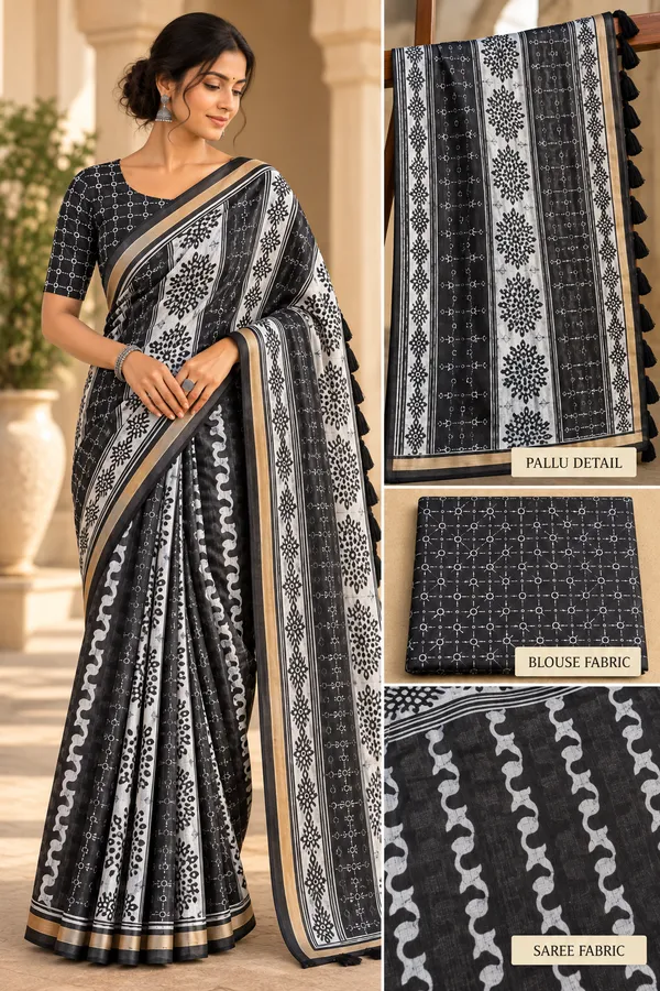 Noir_Heritage_Printed_Saree_with_Tasselled_Pallu_&_Blouse_Piece
