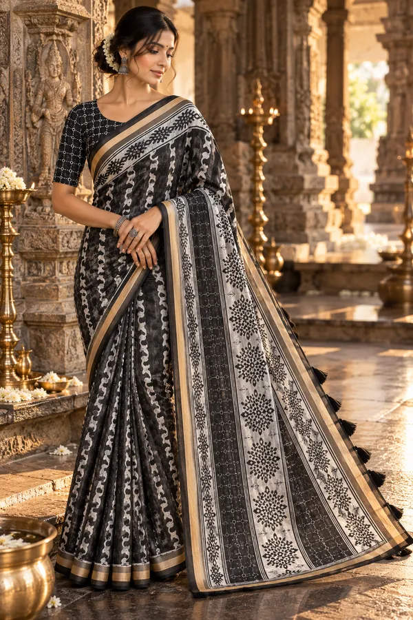 Noir_Heritage_Printed_Saree_with_Tasselled_Pallu_&_Blouse_Piece