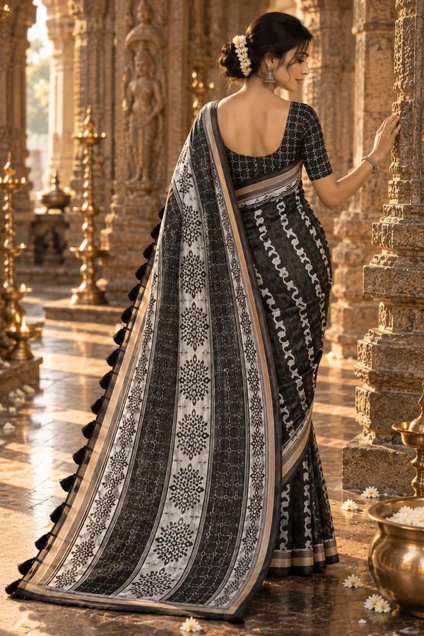 Noir_Heritage_Printed_Saree_with_Tasselled_Pallu_&_Blouse_Piece