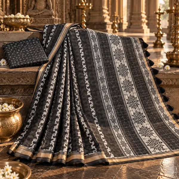 Noir_Heritage_Printed_Saree_with_Tasselled_Pallu_&_Blouse_Piece