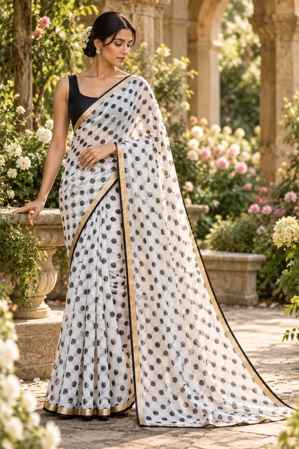 QUROS_Ivory_Polka_Dot_Saree_with_Black_&_Gold_Border
