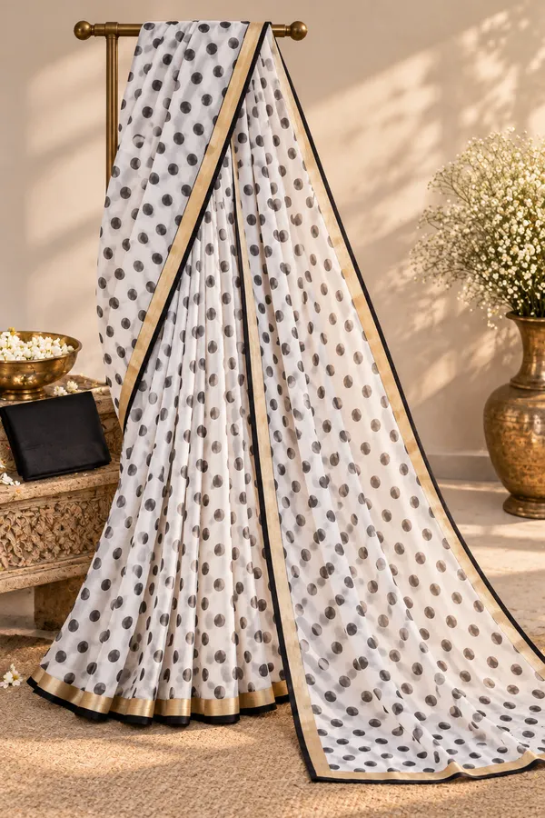 QUROS_Ivory_Polka_Dot_Saree_with_Black_&_Gold_Border
