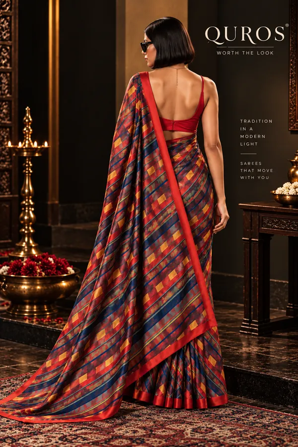 QUROS_Multicolour_Geometric_Print_Saree_in_Red_with_Contrast_Border