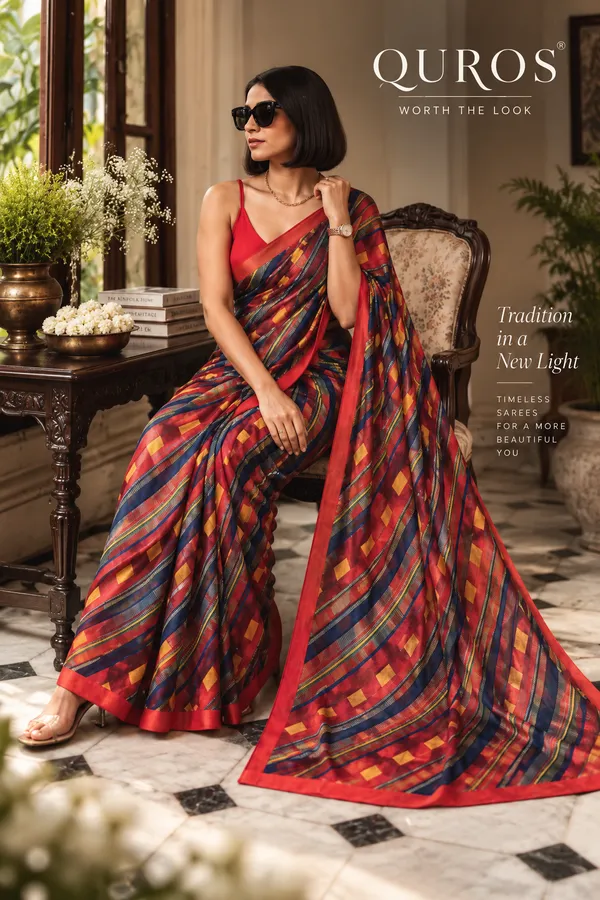 QUROS_Multicolour_Geometric_Print_Saree_in_Red_with_Contrast_Border