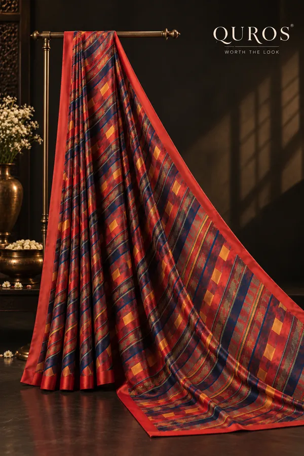 QUROS_Multicolour_Geometric_Print_Saree_in_Red_with_Contrast_Border