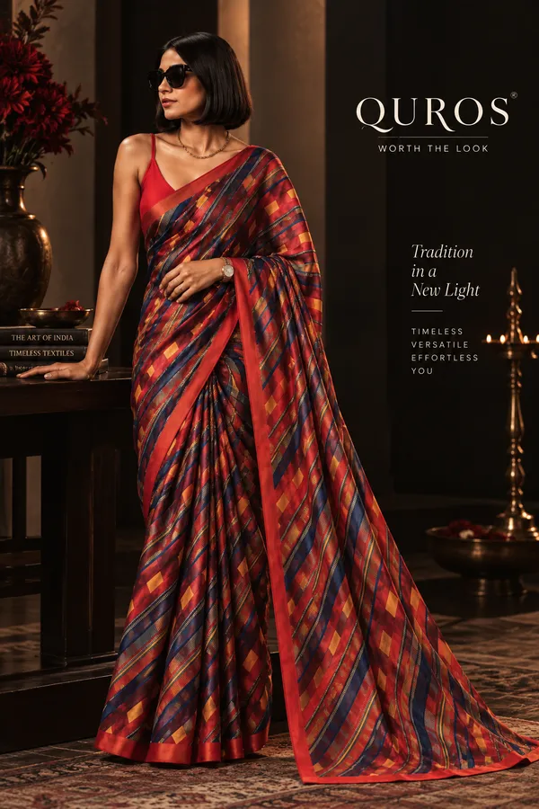 QUROS_Multicolour_Geometric_Print_Saree_in_Red_with_Contrast_Border