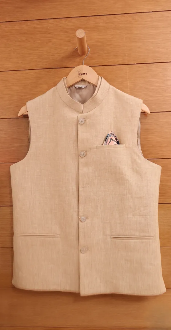 Beige_Linen_Sleeveless_Nehru_Jacket_For_Men