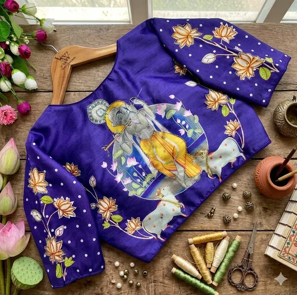 Artisanal_Bangalore_Silk_Blouse_With_Handcrafted_Radha_Krishna_Motifs