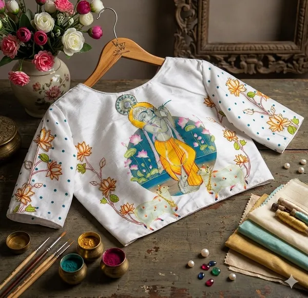 Artisanal_Bangalore_Silk_Blouse_With_Handcrafted_Radha_Krishna_Motifs