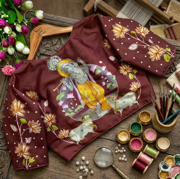 Artisanal_Bangalore_Silk_Blouse_With_Handcrafted_Radha_Krishna_Motifs