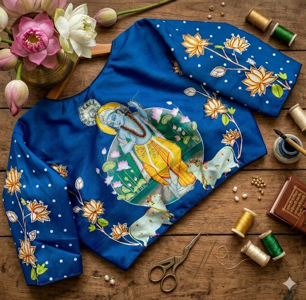 Artisanal_Bangalore_Silk_Blouse_With_Handcrafted_Radha_Krishna_Motifs