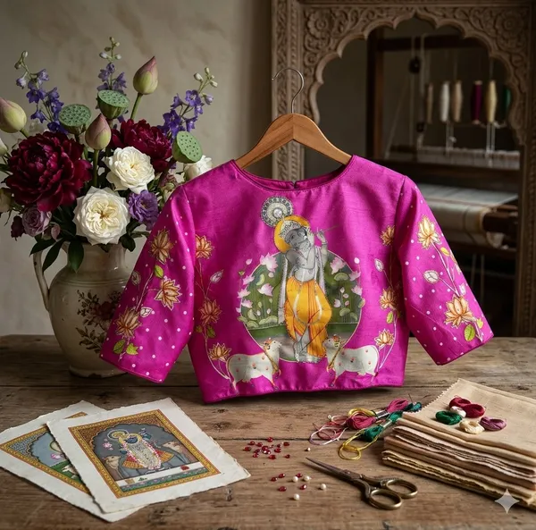 Artisanal_Bangalore_Silk_Blouse_With_Handcrafted_Radha_Krishna_Motifs