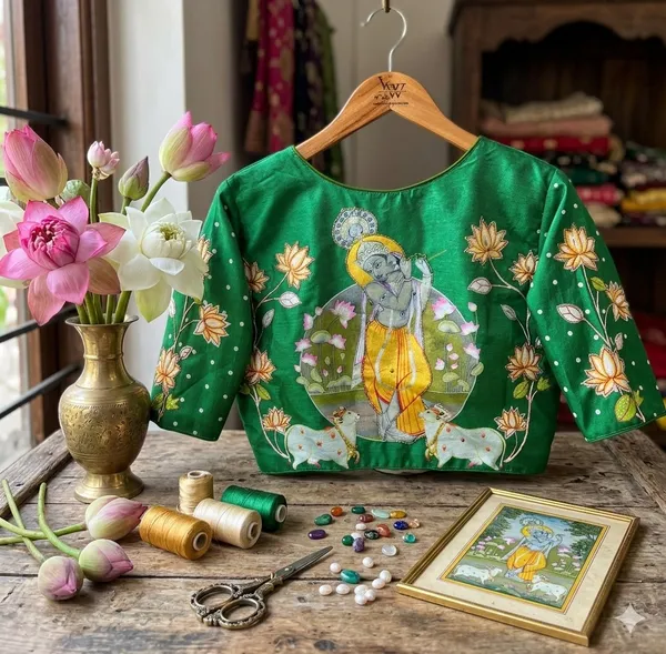 Artisanal_Bangalore_Silk_Blouse_With_Handcrafted_Radha_Krishna_Motifs