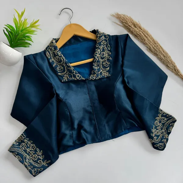Bollywood_Designer_Blueberry_Silk_Party_Wear_Blouse_With_Handwork_On_Sleeves_And_Collar