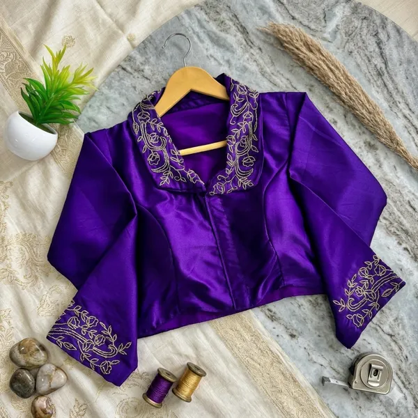 Bollywood_Designer_Blueberry_Silk_Party_Wear_Blouse_With_Handwork_On_Sleeves_And_Collar